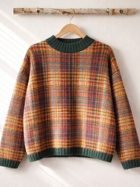 IVY Mohair Green Trim Multicolor  Plaid Crewneck Sweater L